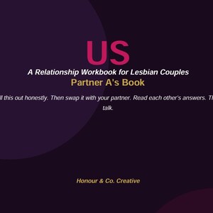 May include: A dark purple background with the word "US" in pink. Text reads "A Relationship Workbook for Lesbian Couples Partner A's Book." Instructions are provided to fill out the book honestly, swap with a partner, and talk.