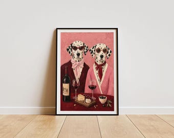 May include: A framed art print showing two dalmatian dogs in formal wear, wearing sunglasses and scarves. A bottle of wine, glasses, cheese, and olives are on a table in front of them. The background is a solid pink colour.