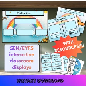Puede incluir: Conjunto de displays interactivos para el aula SEN/EYFS. La imagen incluye una pizarra 'Hoy es...', un horario, una tabla del tiempo y un calendario. También se ve el texto 'WITH RESOURCES!!!!'.