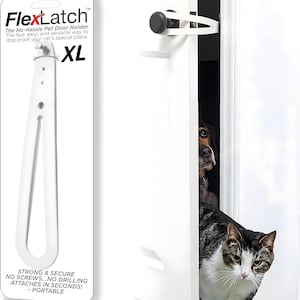 May include: A white FlexLatch XL pet door holder on retail packaging with text including The No-Hassle Pet Door Holder and Strong & Secure. The device is shown installed on a door handle, keeping the door slightly ajar for a cat to pass through.
