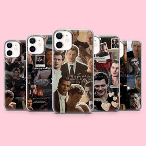 May include: A collection of clear phone cases featuring collages of images and text. The cases display various portraits and quotes, including "always and forever" and "Hello Love". The overall design has a vintage aesthetic.