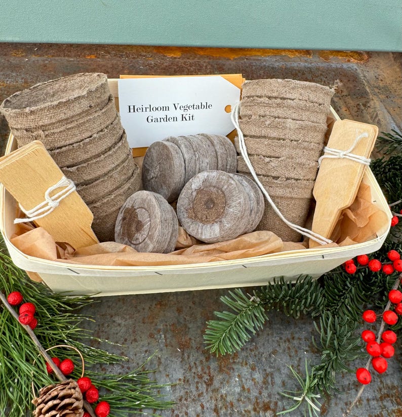 Heirloom vegetable seeds in a gift basket. includes growing supplies and instructions