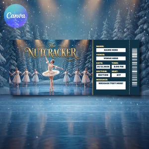 May include: A rectangular ticket template for The Nutcracker ballet featuring a group of dancers in white tutus on a snowy stage. The right side includes fields for name, venue, date 25.12.2026, time 8:00 PM, section, seat A17, and a message.