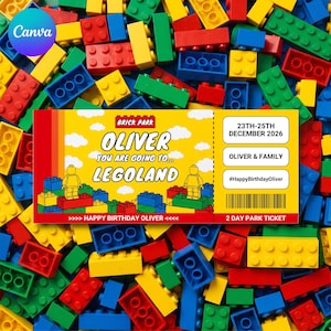 May include: A yellow rectangular ticket with a brick-themed design featuring the text BRICK PARK, OLIVER YOU ARE GOING TO... LEGOLAND, 23TH-25TH DECEMBER 2026, OLIVER & FAMILY, #HappyBirthdayOliver, and HAPPY BIRTHDAY OLIVER, set against a background of colorful plastic bricks.