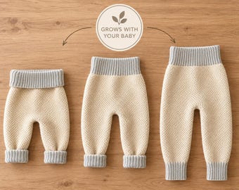 May include: Three pairs of cream-colored knit pants with grey ribbed waistbands and cuffs, displayed in increasing sizes. A circular graphic above the pants features a leaf icon and the text GROWS WITH YOUR BABY with arrows pointing down.