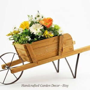 Wooden Wheelbarrow Planter with Seasonal Magnetic Decor, Rustic Wagon Planter Box, Garden Cart Flower Holder, Farmhouse Yard Decor,