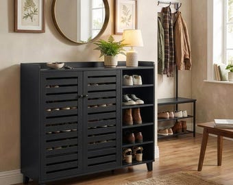 Black Shoe Cabinet with Doors and Open Shelves, Entryway Storage Organizer, MDF Shoe Rack with Tabletop, Modern Hallway Furniture