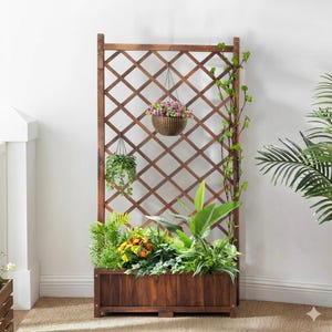 Wood Raised Garden Bed with Trellis, Tall Outdoor Planter Box with Lattice, Vertical Climbing Plant Stand for Patio Balcony Porch Garden