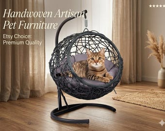 Cat Swing Bed with Stand & Cushion | Rattan Style Cat Egg Chair | Indoor Hanging Cat Hammock | Cozy Pet Bed for Cats  Small Dogs | Gray Pet
