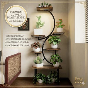 May include: A premium curved plant stand with built-in light. The black metal frame supports eight wooden shelves, each holding potted plants. The design includes an integrated LED grow light and is space-saving for home. The stand has an industrial-chic design.