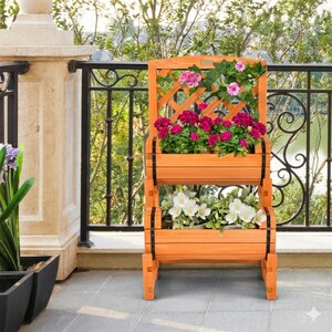 2 Tier Raised Garden Bed with Trellis, Wooden Cylindrical Planter Box, Vertical Herb & Flower Planter for Patio Balcony Garden Decor