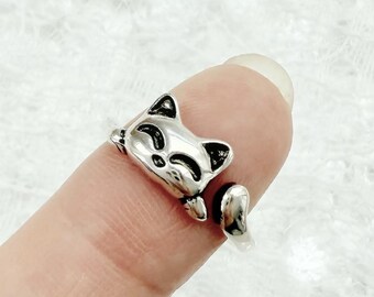 Sterling Silver Kitty Open Ring: Adjustable Vintage Cat Jewelry
