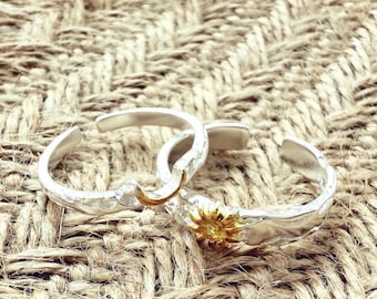 Sun and Moon Couple Rings: 925 Sterling Silver Adjustable Matching Bands