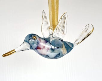 Adorno de colibrí de vidrio soplado a boca / Decoración navideña de arte egipcio / Detalles dorados multicolor únicos / Lujo