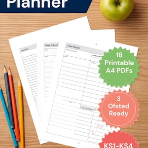 以下が含まれることがあります： 緑と白の「UK Teacher Planner」の文字が入ったUK Teacher Planner。画像には青リンゴ、鉛筆、そして「18 Printable A4 PDFs」、「3 Ofsted Ready」、「KS1-KS4 Themes」の文字が入った3つの円形グラフィックが含まれています。