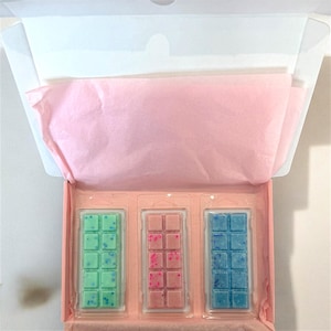 Può includere: Una confezione regalo rosa con tre barrette di cera profumata in confezioni trasparenti. Le barrette sono di colori pastello: verde con macchie blu, rosa con macchie rosa e blu con macchie blu. La scatola è foderata con carta velina rosa.
