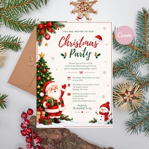 Op de afbeelding: Een uitnodigingskaart voor een kerstfeest met een versierde boom, de Kerstman met een cadeau en een sneeuwpop. De tekst luidt: You are invited to our Christmas Party, Saturday, December 14, 2024 at 6:00 PM, The Wilson Community Center, Raleigh, NC 27601.