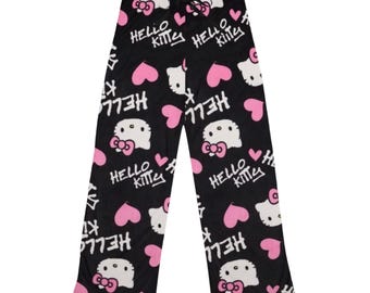 Hello Kitty Women's Pajama Pants - Black & Pink All-Over Print Cozy Lounge Sleepwear