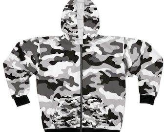 Schwarz-weiße Camo Zip Hoodie All-Over Print Jacke im Militärstil