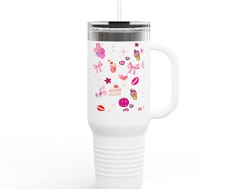 40oz Insulated Travel Mug with Sticker-Like Print – Pink Kawaii Design