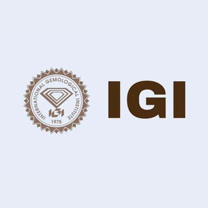 Peut inclure: Un logo circulaire marron avec une icône de diamant et le texte International Gemological Institute 1975, placé à gauche du texte marron IGI. Le design est sur un fond bleu clair, représentant la marque officielle de l'organisation.