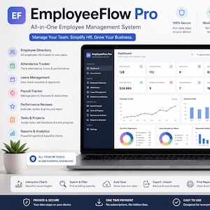 Pode incluir: Interface do software EmployeeFlow Pro exibida em um laptop, tablet e smartphone. As telas mostram um painel com gráficos de dados, rastreadores de folha de pagamento e ferramentas de gestão de funcionários. O texto inclui EmployeeFlow Pro, All-in-One Employee Management System e vários rótulos de recursos.