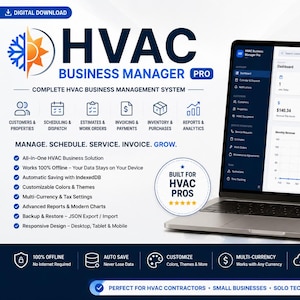 May include: A laptop displaying the HVAC Business Manager Pro software dashboard with various data charts, financial metrics, and navigation menus. The screen shows a clean interface with blue and white color schemes, alongside text detailing features.