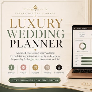 Op de afbeelding: Een laptop toont een dashboard voor het plannen van een bruiloft met budget- en gastinformatie. De tekst "Luxury Wedding Planner" is zichtbaar. Een pen, briefpapier en een klein schaaltje met ringen staan op de voorgrond.