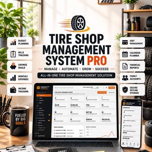 Op de afbeelding: Een digitaal dashboard voor Tire Shop Management System Pro op een laptop en smartphone, met iconen voor budgetplanning, schuldbeheer en financiële rapporten, naast een mok met de tekst Fueled by Big Goals.
