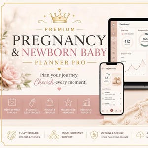 May include: A digital pregnancy and newborn baby planner pro displayed on a laptop, tablet, and smartphone. The interface shows dashboards for due dates, pregnancy progress, and feeding schedules. A crochet rabbit and heart sit in the foreground.
