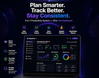5-in-1 Productivity Planner Bundle | HTML Daily, Habit, Meal, Budget, Social Media (Digital Download)