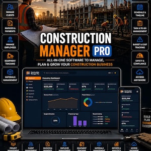 May include: Construction Manager Pro software interface displayed on a laptop and smartphone, featuring an executive dashboard with revenue, project status, and budget charts, surrounded by icons for project, client, and equipment management.