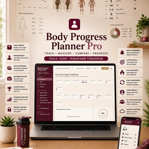 Könnte beinhalten: Ein digitales Body Progress Planner Pro Dashboard auf einem Laptop-Bildschirm und Smartphone, mit Gewichtscharts, Körpermaßprotokollen, Trainingsplänen und Ernährungstrackern, ergänzt durch einen Shaker und ein Notizbuch.