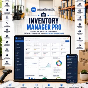 以下が含まれることがあります： ノートパソコンとスマートフォンの画面に表示されたInventory Manager Proソフトウェアのデジタルインターフェース。ダッシュボード分析、在庫チャート、倉庫管理アイコンが表示され、背景には倉庫の画像とテキストが配置されています。