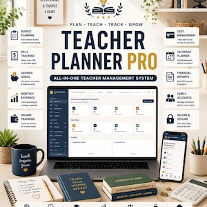 May include: A digital Teacher Planner Pro system displayed on a laptop and smartphone, surrounded by a notebook, two books titled Lesson Plans and Classroom Management, a mug with the text Teach Inspire Grow, and a calculator on a desk.