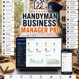 May include: A digital marketing graphic for Handyman Business Manager Pro software, featuring a laptop and smartphone displaying an executive dashboard with financial charts, surrounded by icons for business management tasks and tools.