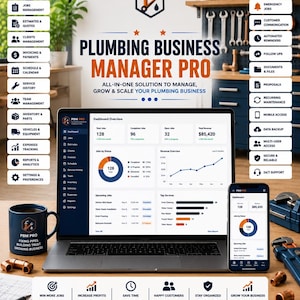 Puede incluir: Un portátil y un smartphone muestran el panel de control de Plumbing Business Manager Pro, con estadísticas de trabajo, gráficos de ingresos y listas de servicios. Una taza azul marino con el logo de PBM Pro descansa sobre un escritorio con accesorios de cobre.