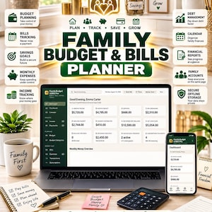 Peut inclure: Un planificateur numérique de budget familial et de factures affiché sur un écran d'ordinateur portable et de smartphone, avec des outils de suivi financier, des icônes de gestion de dettes et d'épargne, un carnet, un stylo et une calculatrice.