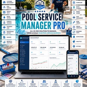 Könnte beinhalten: Ein Laptop und ein Smartphone mit dem Dashboard der Software Pool Service Manager Pro, umgeben von Pool-Wartungswerkzeugen. Die Benutzeroberfläche zeigt Geschäftskennzahlen, Umsätze und Planungsfunktionen für die Verwaltung von Pool-Diensten.