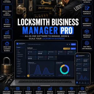 May include: Locksmith Business Manager Pro software displayed on a laptop and smartphone screen. The interface features a dark mode dashboard with revenue trends, job statistics, and a donut chart. Surrounding icons represent business management tools.