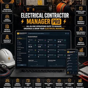 Può includere: Un computer portatile e uno smartphone che mostrano l'interfaccia del software Electrical Contractor Manager Pro. Lo schermo visualizza una dashboard esecutiva con metriche aziendali, circondata da icone e testi che descrivono le funzionalità di gestione operativa.