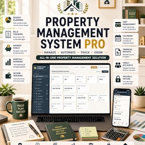 May include: A Property Management System Pro digital dashboard displayed on a laptop and smartphone, surrounded by a notebook, calculator, and informational icons detailing features like budget planning, debt management, and financial reporting.