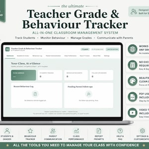 May include: A digital teacher grade and behaviour tracker displayed on a laptop screen. The interface features a dashboard with sections for class average, students tracked, behaviour incidents, and pending parent follow-ups in a clean layout.