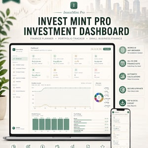Puede incluir: Un panel de control de inversiones digital InvestMint Pro mostrado en la pantalla de una computadora portátil y un teléfono inteligente. La interfaz presenta datos financieros, gráficos de crecimiento, asignación de activos y valores.