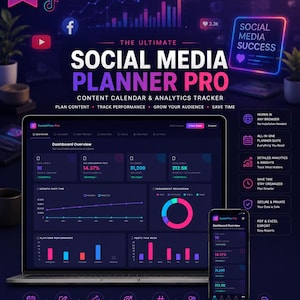 May include: A digital social media planner pro dashboard displayed on a laptop and smartphone screen. The interface features dark blue backgrounds with neon pink, blue, and purple charts, graphs, and analytics tracking metrics for content planning.