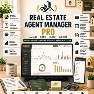 Könnte beinhalten: Ein digitales Immobilienverwaltungssystem namens Real Estate Agent Manager Pro, angezeigt auf einem Laptop- und Smartphone-Bildschirm. Die Benutzeroberfläche zeigt Diagramme und Tracking-Tools. Zubehör umfasst ein Notizbuch, einen Taschenrechner und eine Tasse.