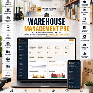 Könnte beinhalten: Ein Laptop und ein Smartphone zeigen das Warehouse Pro offline WMS Dashboard mit Bestandsmetriken, Finanzdiagrammen und Betriebsdaten. Die Benutzeroberfläche enthält Navigationsmenüs für Verwaltung, Berichterstattung und Einstellungen sowie Textüberlagerungen zur Effizienz.