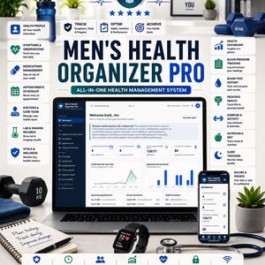 May include: A digital health management system titled Men's Health Organizer Pro displayed on a laptop and smartphone screen. The interface features health tracking dashboards, appointment schedulers, and medical record logs with blue and white icons.