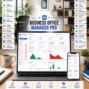 May include: A laptop and smartphone displaying the Business Office Manager Pro dashboard, surrounded by icons for employee, client, project, and task management, payroll, office supplies, and analytics, with the slogan Manage Smarter. Work Better.