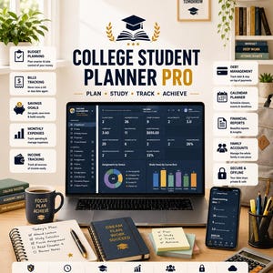 以下が含まれることがあります： ノートパソコンの画面に表示されたCollege Student Planner Proのデジタルダッシュボード。マグカップ、ノート、スマートフォン、電卓に囲まれています。インターフェースには学業の進捗状況、財務レポート、学習スケジュールが表示されています。